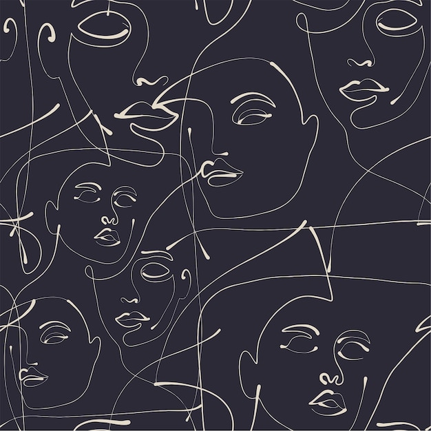 Seamless pattern line drawing of women with different faces