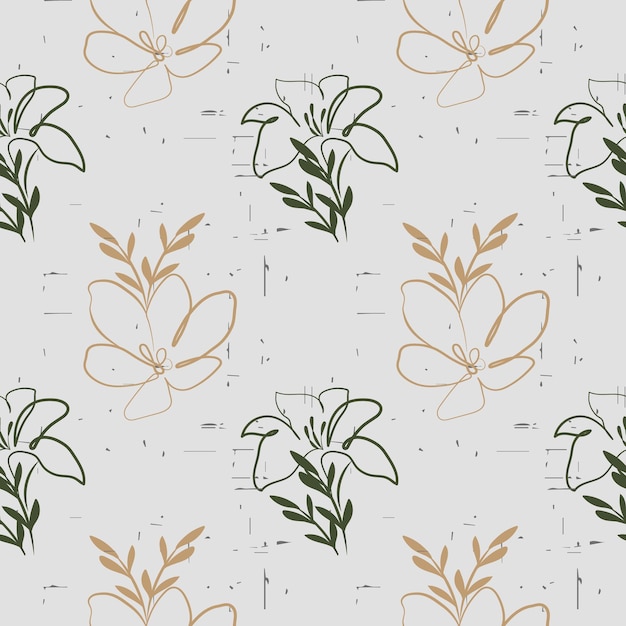 Seamless pattern, linear flowers on a vintage worn texture. Background, wallpaper, textile, vector