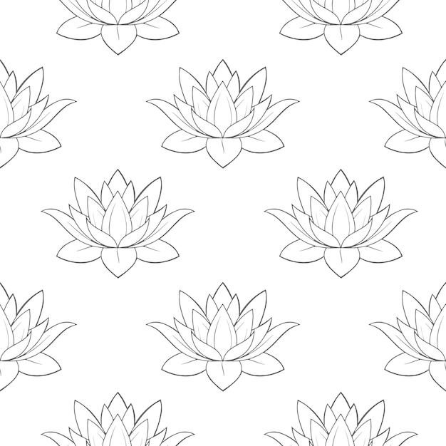 Seamless pattern of linear lotus flowers on a white background Floral background from line art