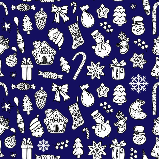 seamless pattern of linear Xmas icons on blue background