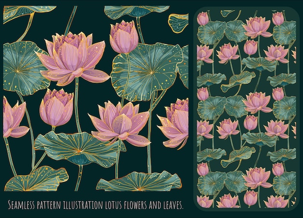 Seamless pattern lined illustration hand drawn art of lotus flowers and leaves.