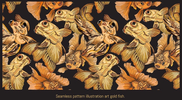 金色の魚の水泳のシームレスなパターンの裏地イラスト手描きアート。