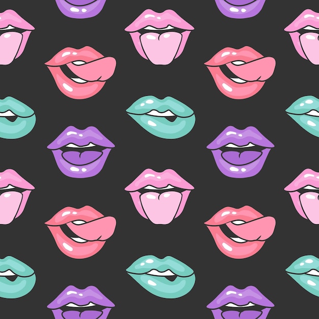 Seamless pattern lips in 90s pop art style Vintage illustration of womens mouths