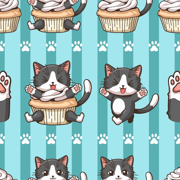 Modello senza cuciture piccolo fumetto del gatto che indossa un vestito da cupcake sfondo a strisce verdi blu