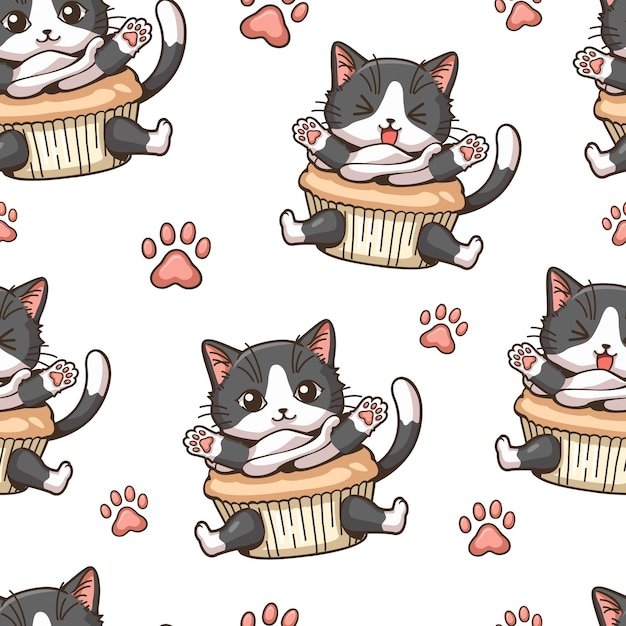 Seamless pattern little cat cupcakes with cat paw cartoon Cute character cartoon