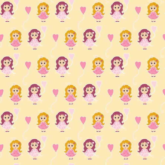 Seamless pattern little Girls girl with balloon and baby princess Vector Kids collection