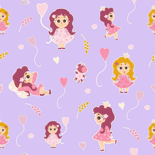 Seamless pattern little girls princesses with their tongues and unicornon purple background vector