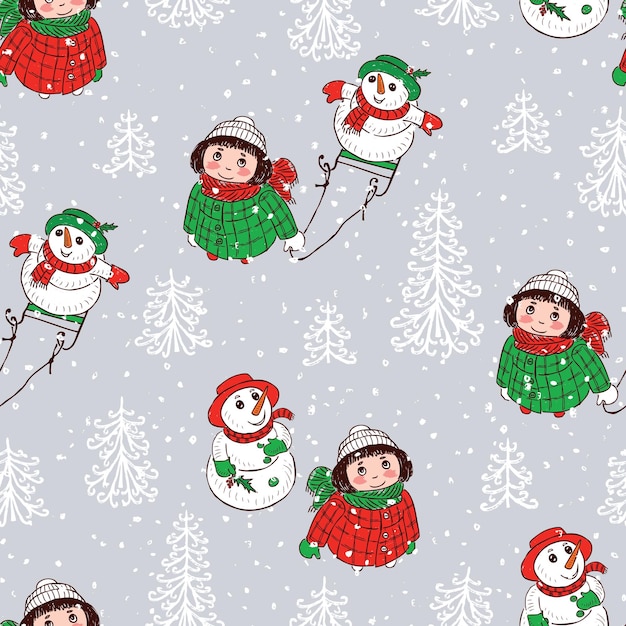 Seamless pattern of little girls with snowmen looking at snowfall