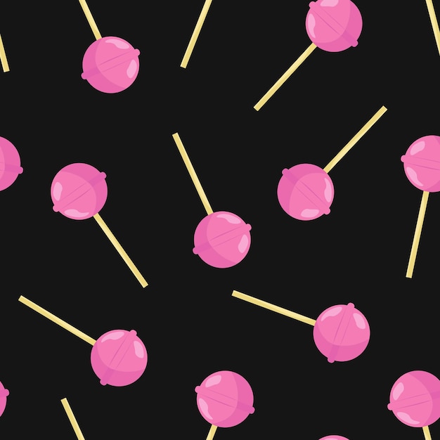 Vector seamless pattern lollipop pink candies on a black background