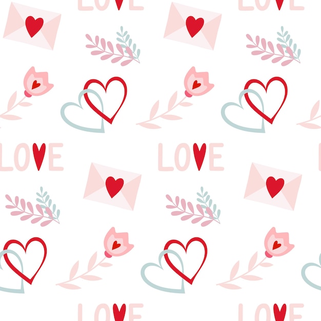 Seamless pattern of love words, intertwined hearts, love letter and flowers, on isolated background.