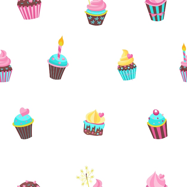 Seamless pattern Lovely birthday cakes with candles For printing on textiles paper For packing gifts and sweets To decorate a fun filled holiday