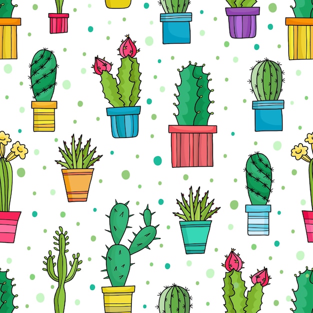 seamless pattern of lovely green cacti and plants in pots, hand drawn flowers.