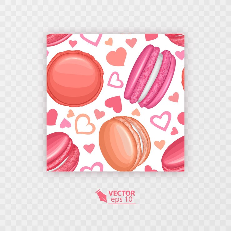Vector seamless pattern. macaroons cookies, and pink hearts on white background, vector format
