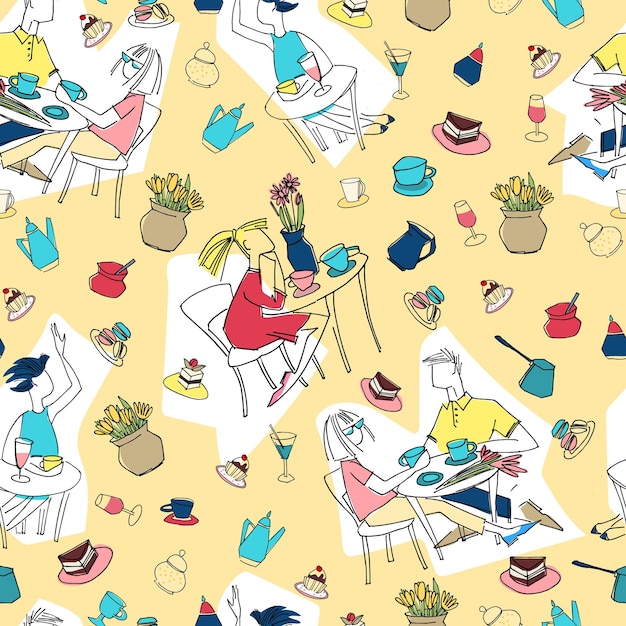 Vector seamless pattern made of cafe scenes and objects on lightcolored background