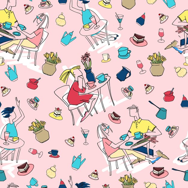 Vector seamless pattern made of cafe scenes and objects on pink background