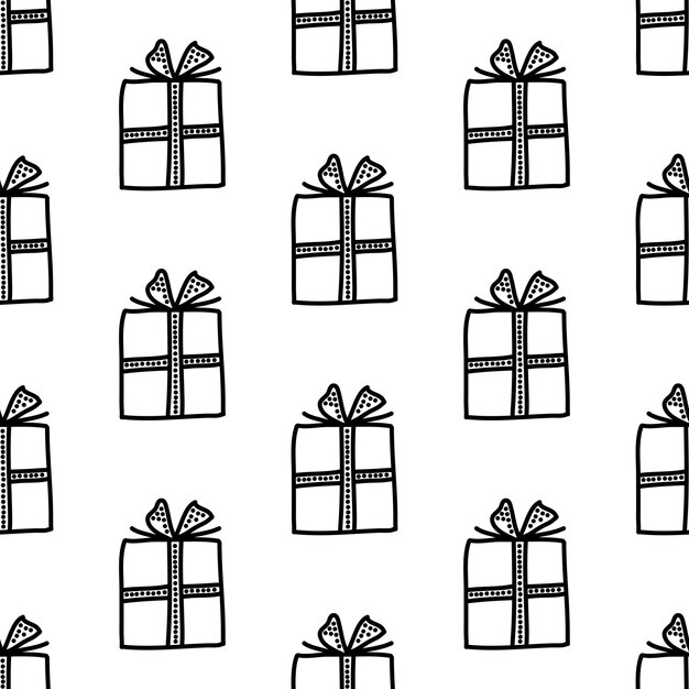 Seamless pattern made from doodle gift boxes with bow. Isolated on white background. Vector stock illustration.