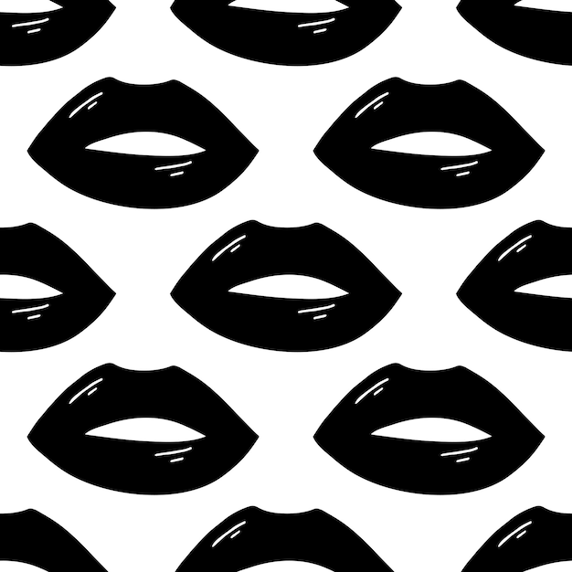 Vector seamless pattern made from flat doodle black open lips with flare