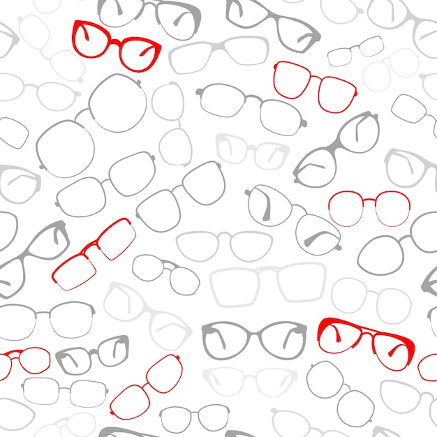 Вектор Бесшовный узор из очков или оправ для очков серого и красного цвета на белом фоне