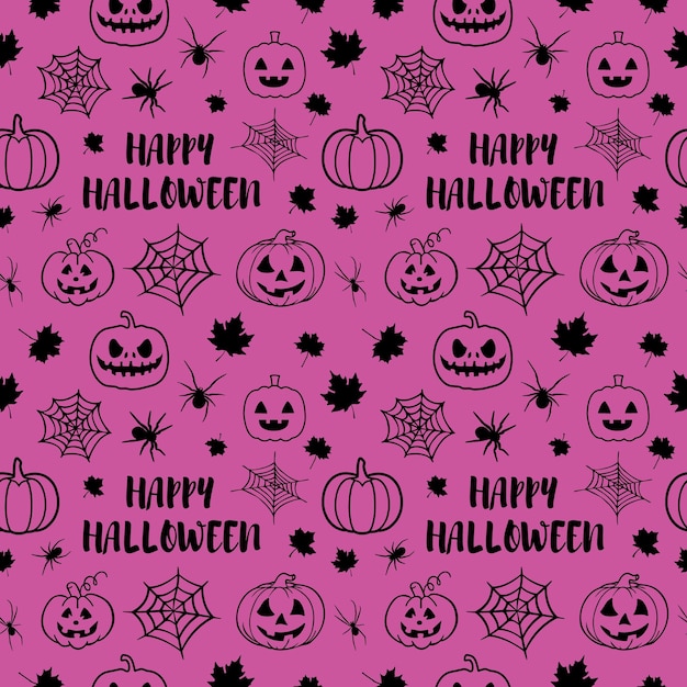 Vector seamless pattern made up of many spiders, cobweb, maple leaves, pumpkins and text happy halloween