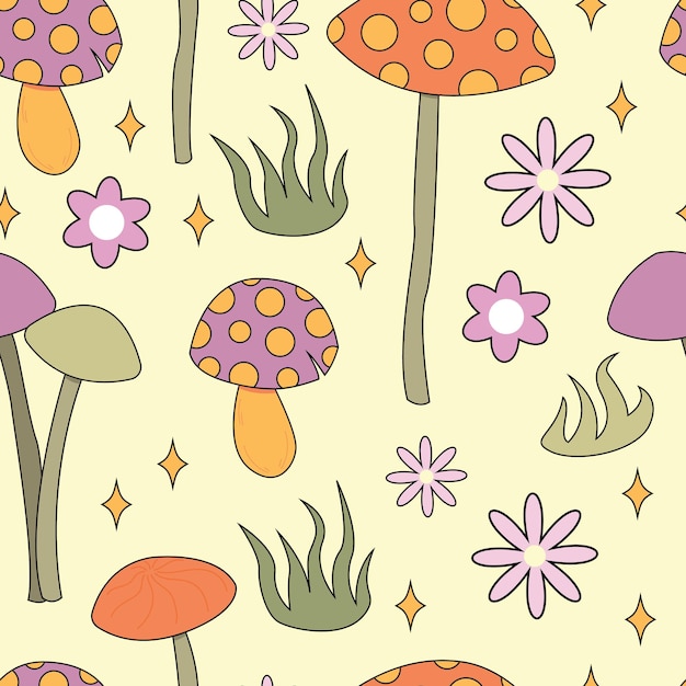 Seamless pattern magic hallucinogenic mushrooms fantasy cute elements cute cartoon mushrooms on the grass modern design print for cloth wallpaper decor interior hippie style vector flat