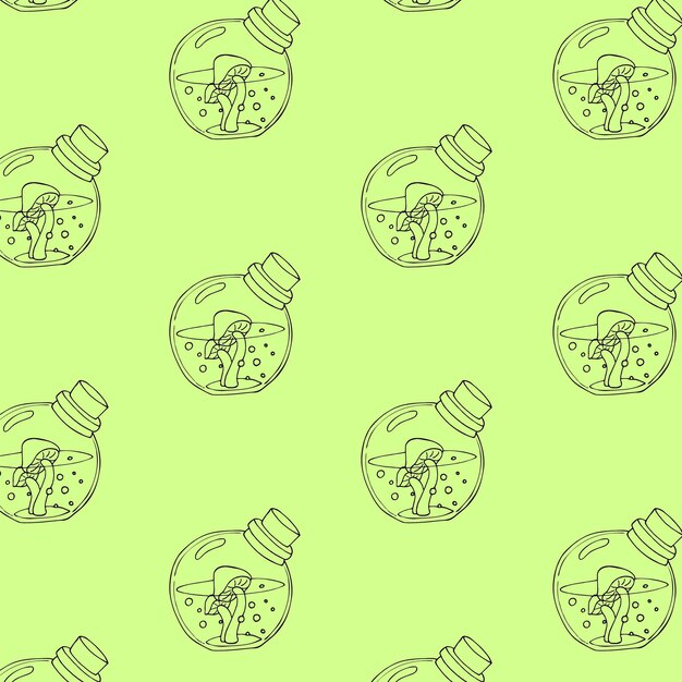 seamless pattern of magic mushrooms in a bottle on a green background magic elixir bottle with mushroom line art concept illustration of the magic bottle with mushrooms inside with cork