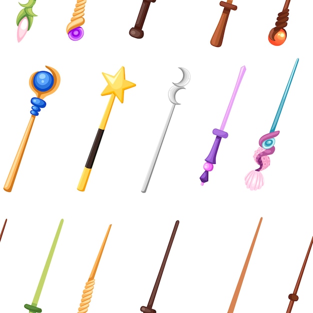 Seamless pattern magic wand set fantasy staff collection flat illustration