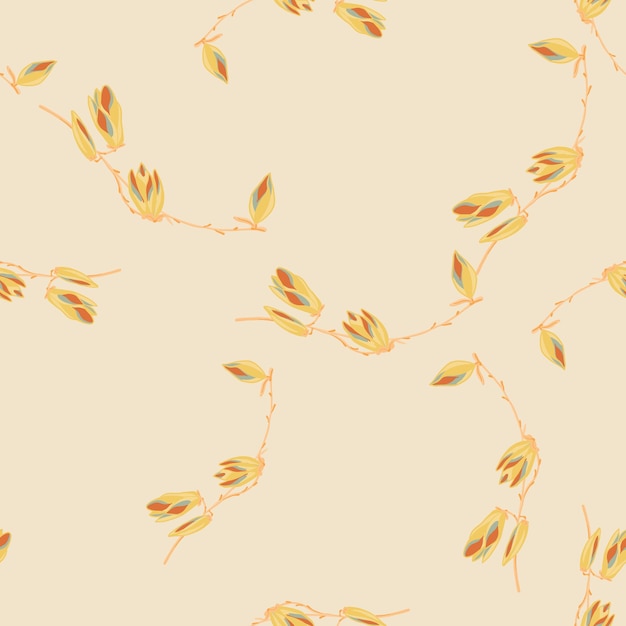 Бесшовный узор магнолии на бежевом фоне. красивая текстура с желтыми цветами. случайный цветочный шаблон для ткани. дизайн векторные иллюстрации.
