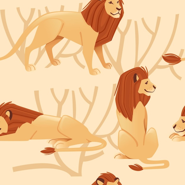 Vettore modello senza cuciture di maschio orgoglioso potente simpatico leone personaggio in stile cartone animato animale design piatto illustrazione vettoriale su sfondo beige