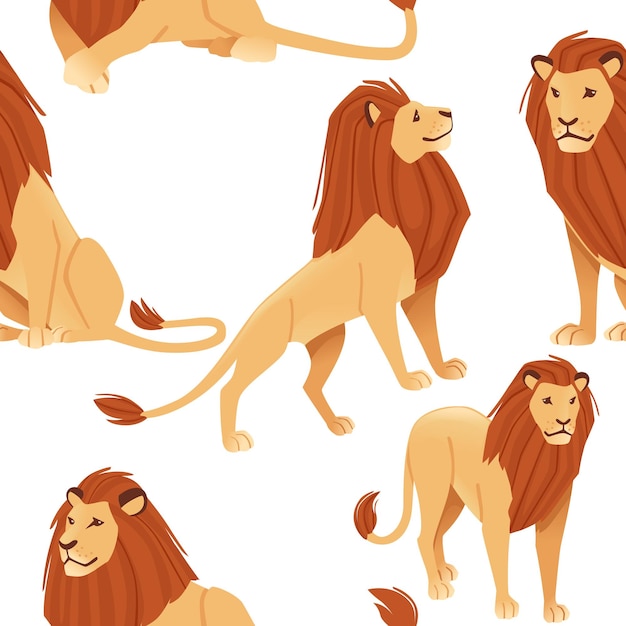 Seamless pattern of male proud powerful cute lion character cartoon style animal design flat vector illustration on white background