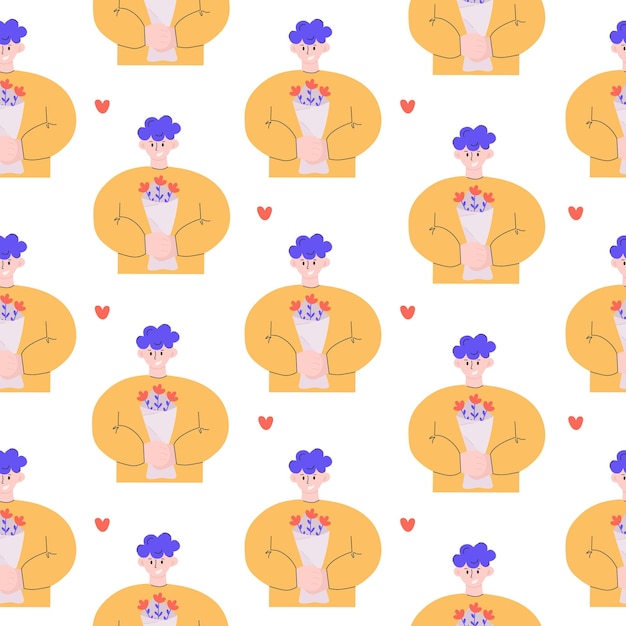 Seamless pattern of man with bouquet of flowers. Romantic background