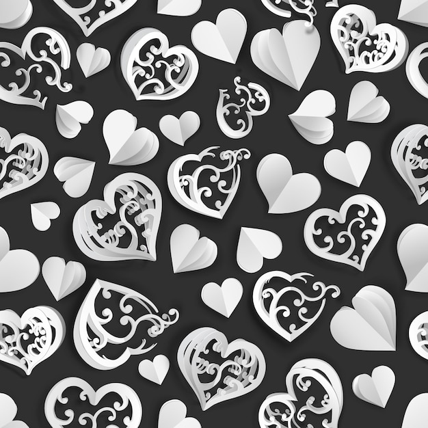 Seamless pattern of many paper volume hearts with holes and without, white on black