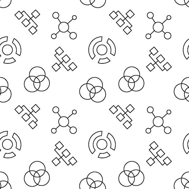 Seamless pattern of map pie chart intersected circles is made of line icons