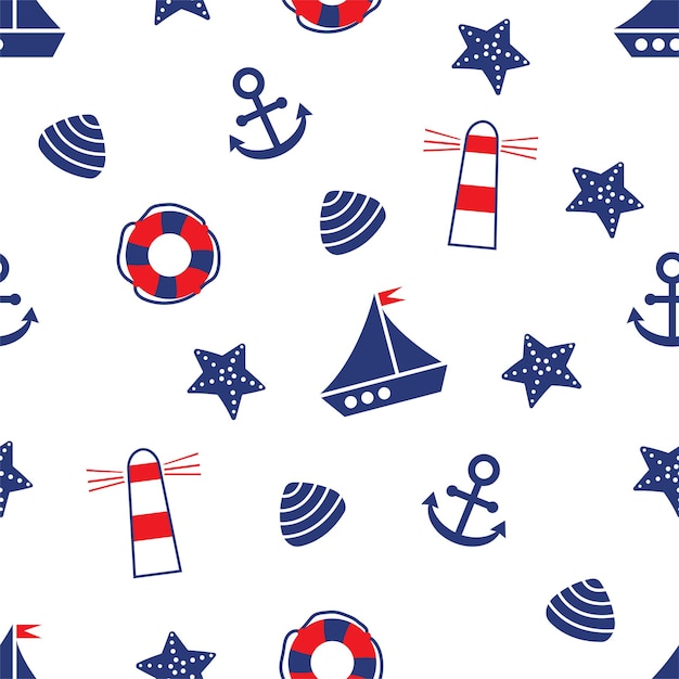 Seamless pattern on the marine theme marine set ship lighthouse anchor starfish