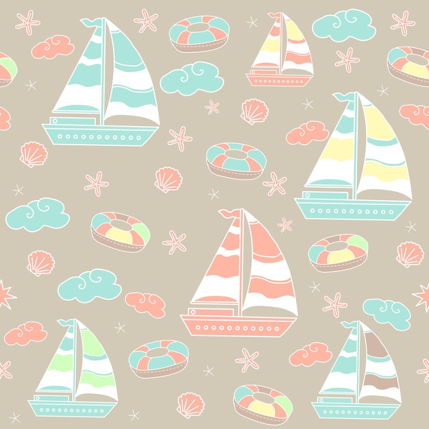 Seamless pattern Marine theme with ships and clouds on colored background