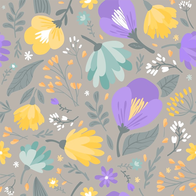 Seamless pattern of meadow flowers and leaves Modern vector illustration