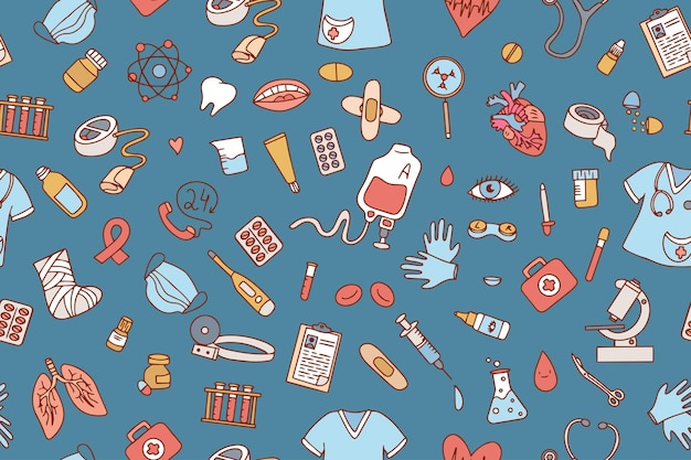 Seamless pattern of medical products medicines clothes first aid kit in doodle style