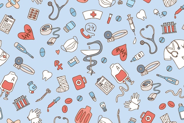 Seamless pattern of medical products medicines clothes first aid kit in doodle style