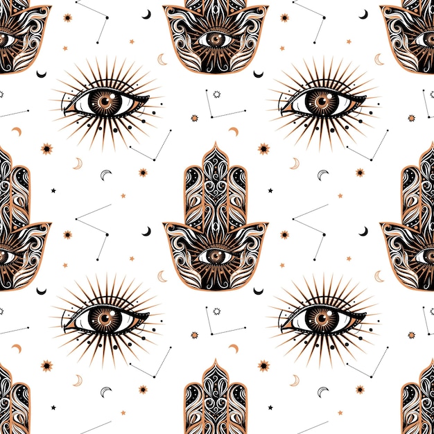 Seamless pattern in medieval celestial style with eye and hamsa or fatima amulet