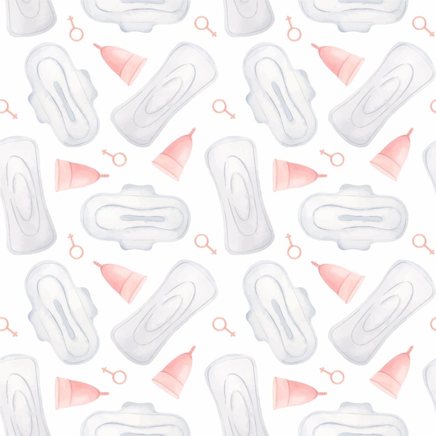 Seamless pattern of menstrual pads and menstrual cup on a white background. Personal hygiene product