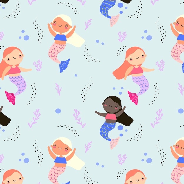 Seamless pattern of mermaids on a blue background Seamless pattern with creative mermaids