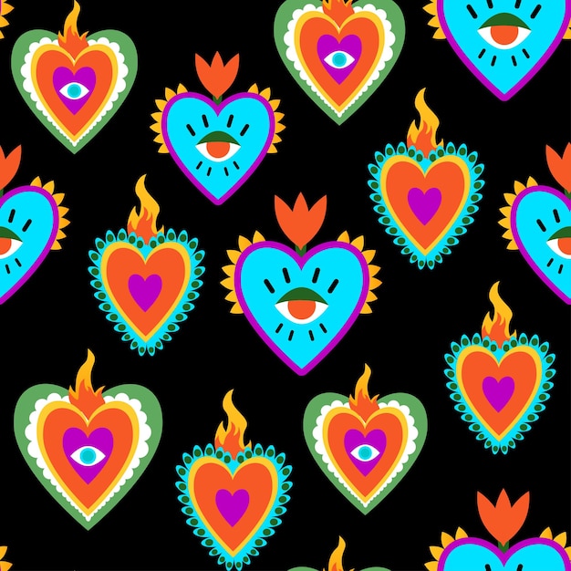 Seamless pattern of Mexican hearts embroidery