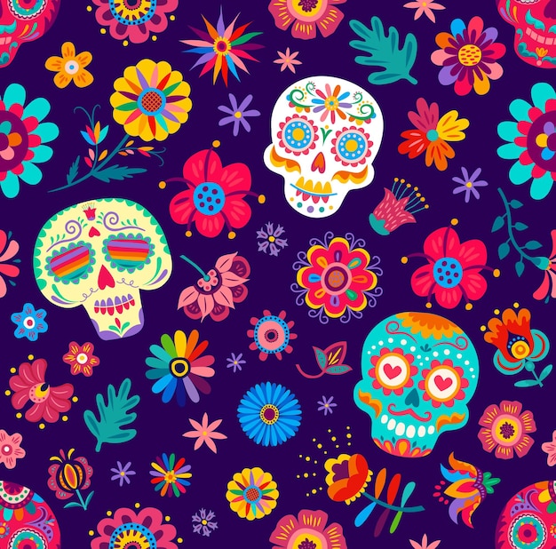 Vector seamless pattern mexican sugar calavera skull and tropical flowers vector background dia de los muertos or day of dead mexican holiday pattern with calavera skull painted in ethnic floral ornament