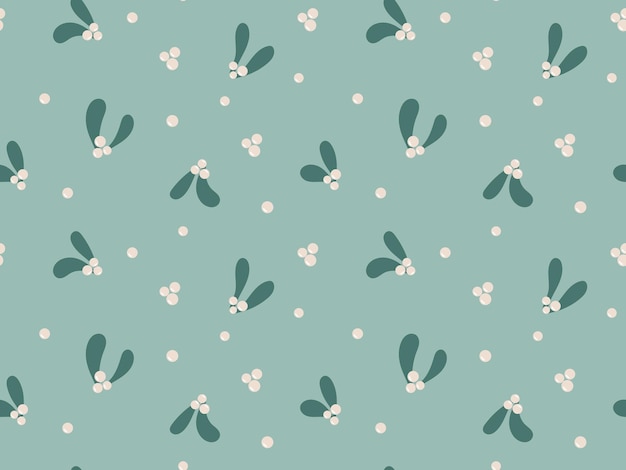 Seamless pattern of mistletoe leaves and white berries Seasonal botanical background