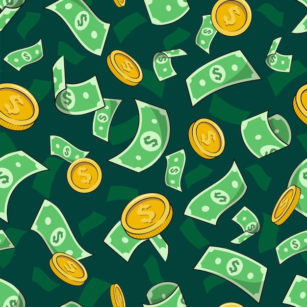 Seamless Pattern Money With Golden Coin, Money Rain Vector Illustration