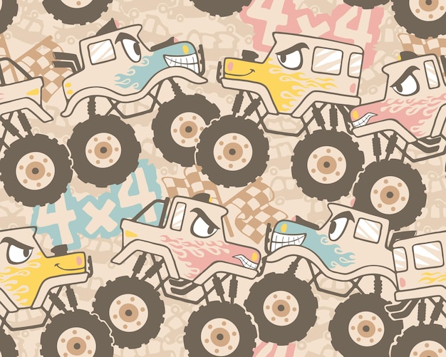 Vector seamless pattern of monster truck cartoon with car racing elements