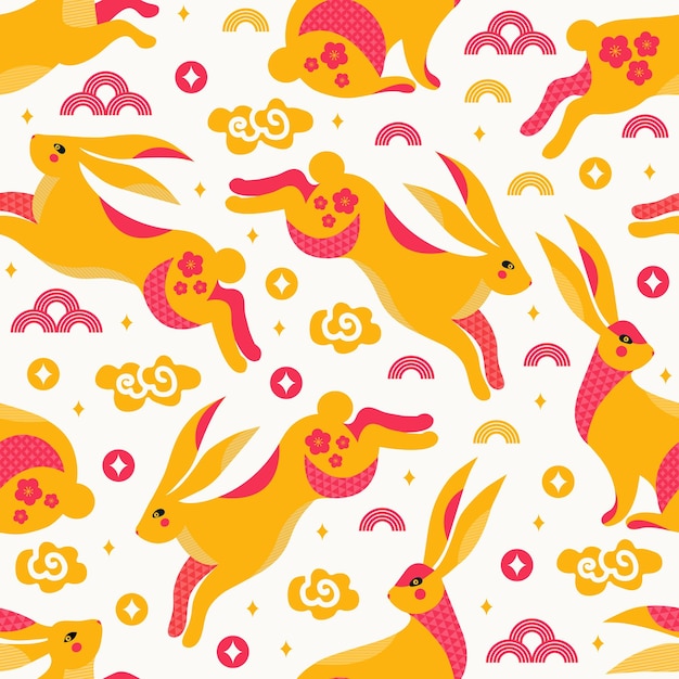 Vector seamless pattern moon hare on starry sky background funny bunnies and asian decorative ornament chinese zodiac rabbit symbol mid autumn festival or chinese lunar new year vector flat illustration