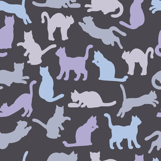 Vector seamless pattern of multi-colored silhouettes of cats