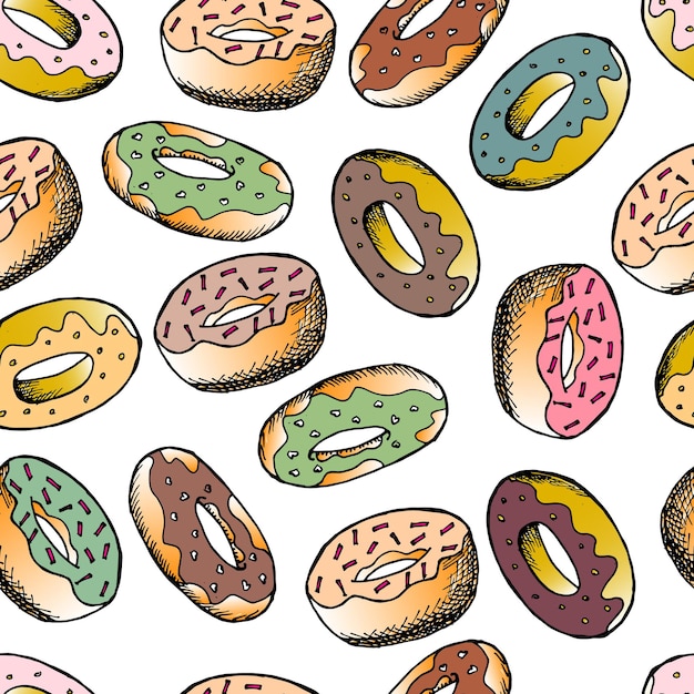 Vector seamless pattern multicolored chocolate donuts on a white background