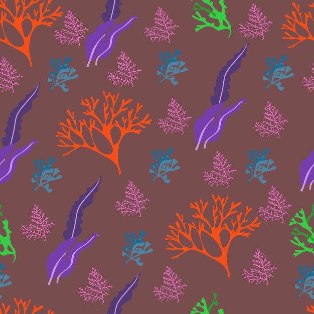 Vector seamless pattern multicolored seaweed designs for textiles wallpaper and prints minimalistic cute seaweed on dark background