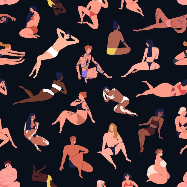 Seamless pattern of multiracial body positive people dressed in beachwear. pregnant, tattoo, dark skin men, women. different figures in flat cartoon vector illustration isolated on black background.